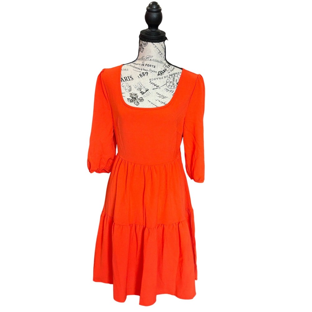 SHEIN Orange Open Back Tiered‎ Mini Dress Square Neck 3/4 Sleeve Size M US 6